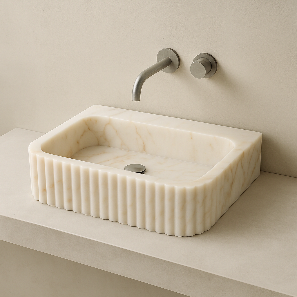 Calacatta Marble Vessel Sink - Luxury Fluted Bathroom Basin 16x20 | Premium Stone Sink USA