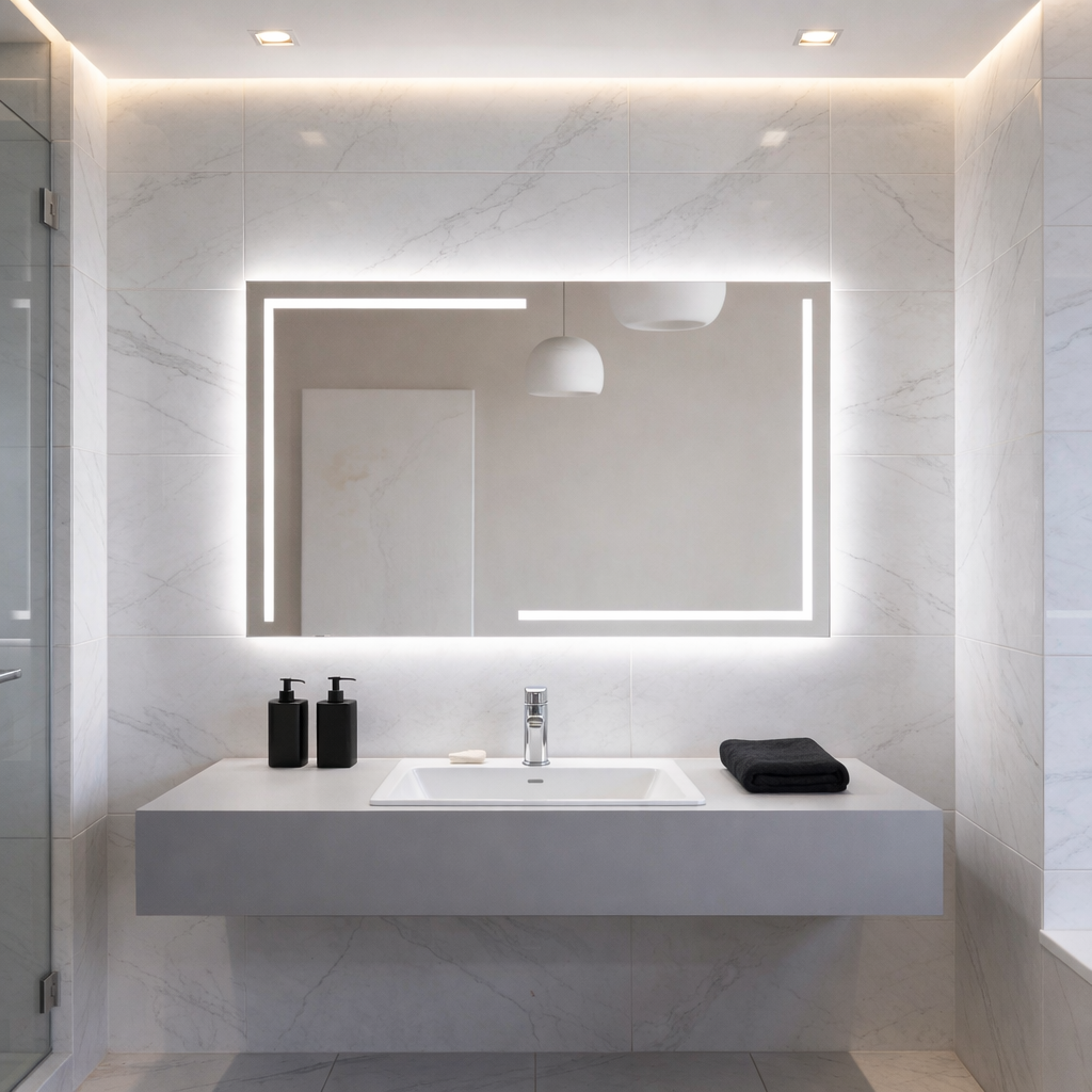 LED Bathroom Mirror – Luxury Geometric Lighted Vanity Mirror, Modern Backlit Wall Mirror with Artistic LED Lines