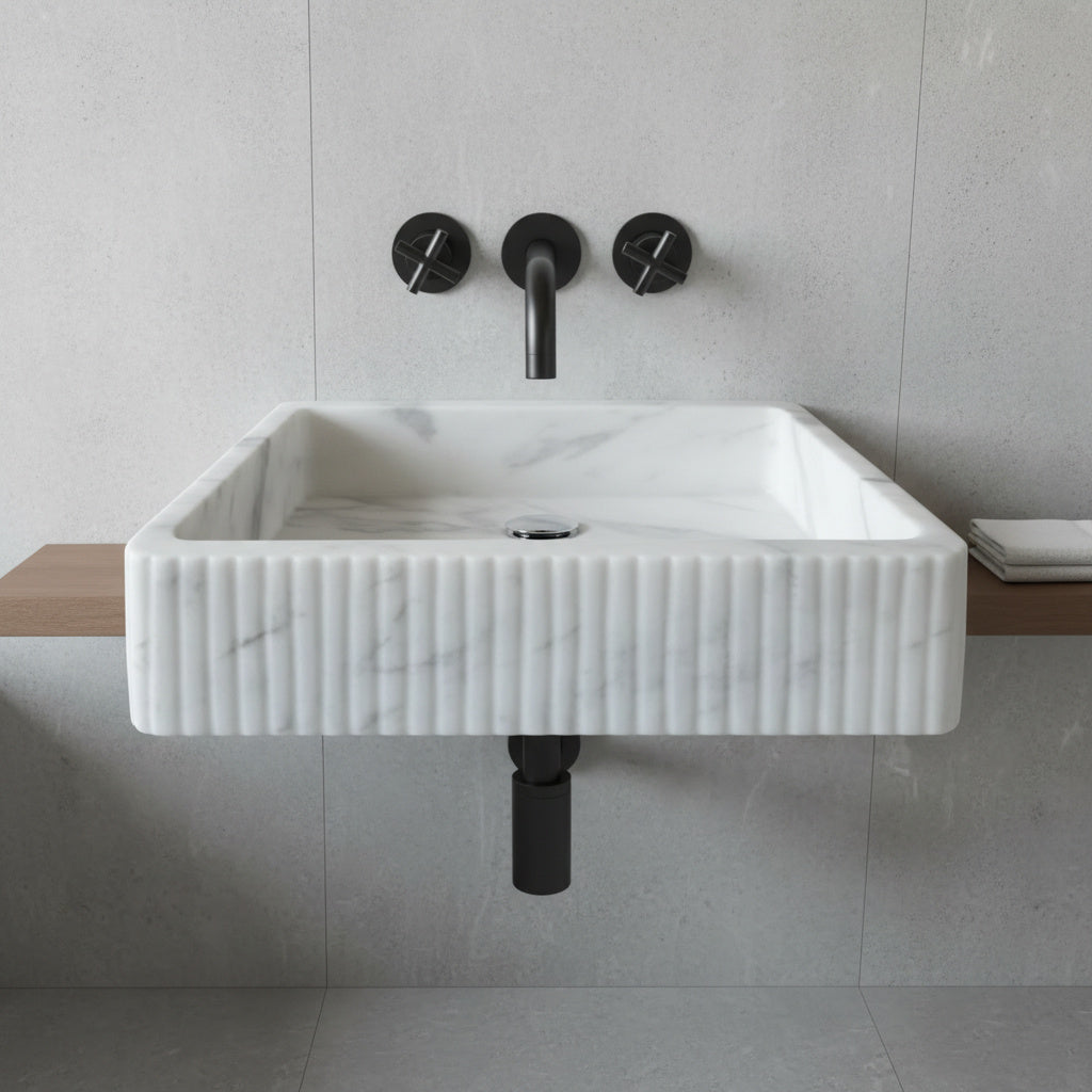 Carrara White Marble Wall Mount Sink | Luxury Bathroom Vanity Basin | Ribbed Textured Stone Sink