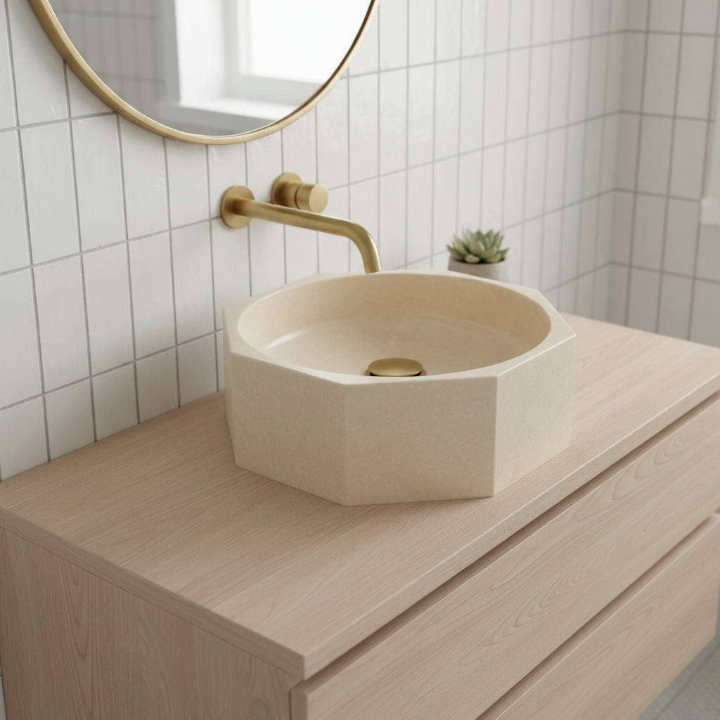 Travertine Vessel Sink | Octagon Natural Stone Bathroom Basin | Luxury Beige Marble Sink