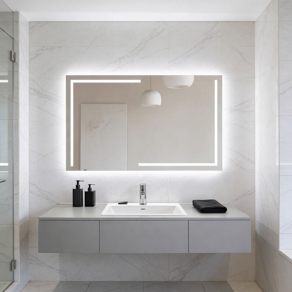 LED Bathroom Mirror – Luxury Geometric Lighted Vanity Mirror, Modern Backlit Wall Mirror with Artistic LED Lines