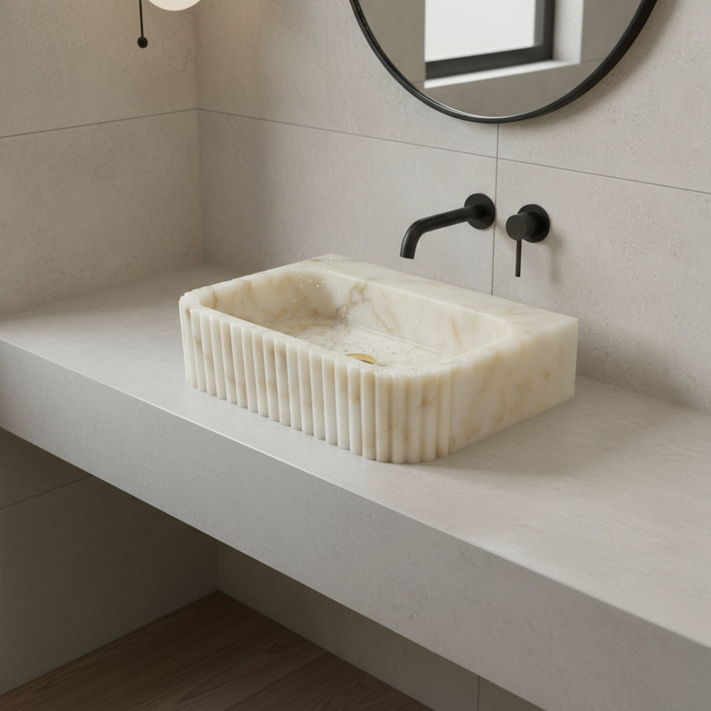 Calacatta Marble Vessel Sink - Luxury Fluted Bathroom Basin 16x20 | Premium Stone Sink USA