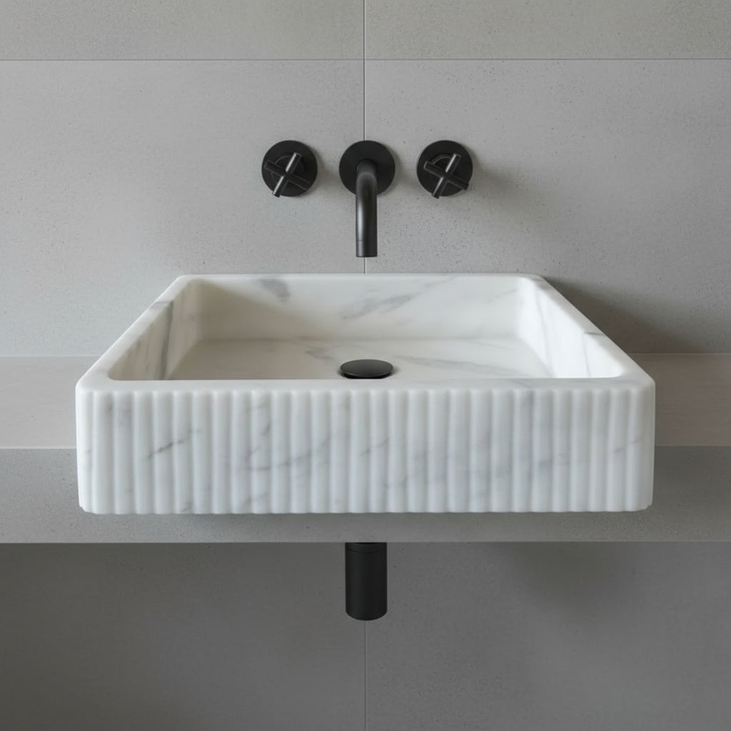Carrara White Marble Wall Mount Sink | Luxury Bathroom Vanity Basin | Ribbed Textured Stone Sink