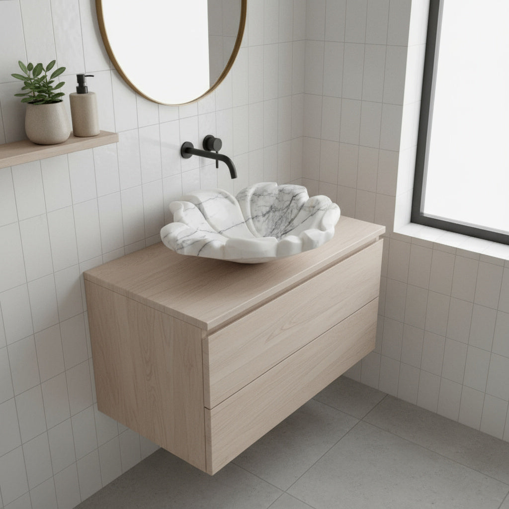 Flower Marble Sink | Hand-Carved Vessel Basin USA | Luxury Natural Stone Bathroom Sink