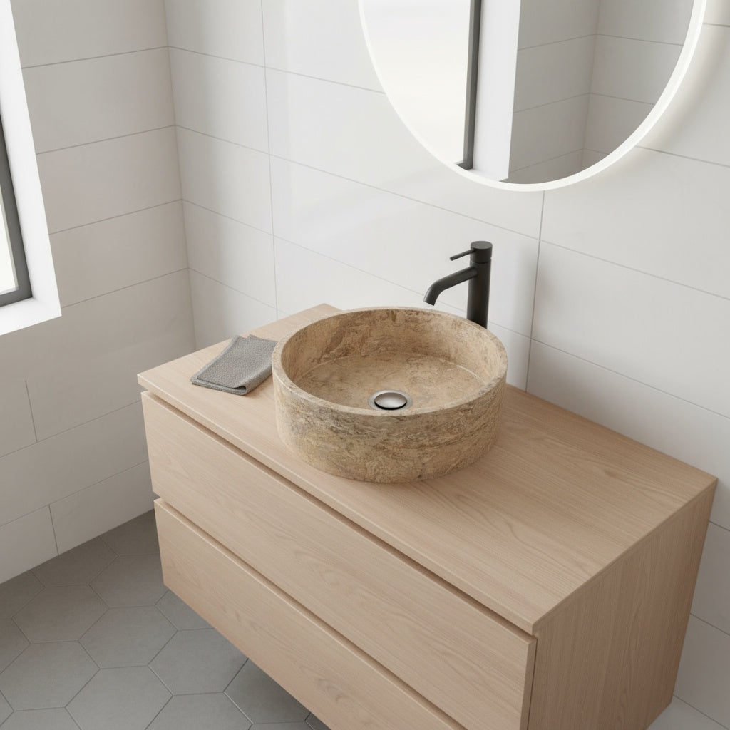 Marble Sink – Natural Stone Vessel Sink Travertine Noce Round 17"x17"x6" (43x43x15 cm) Hand-Carved Bowl