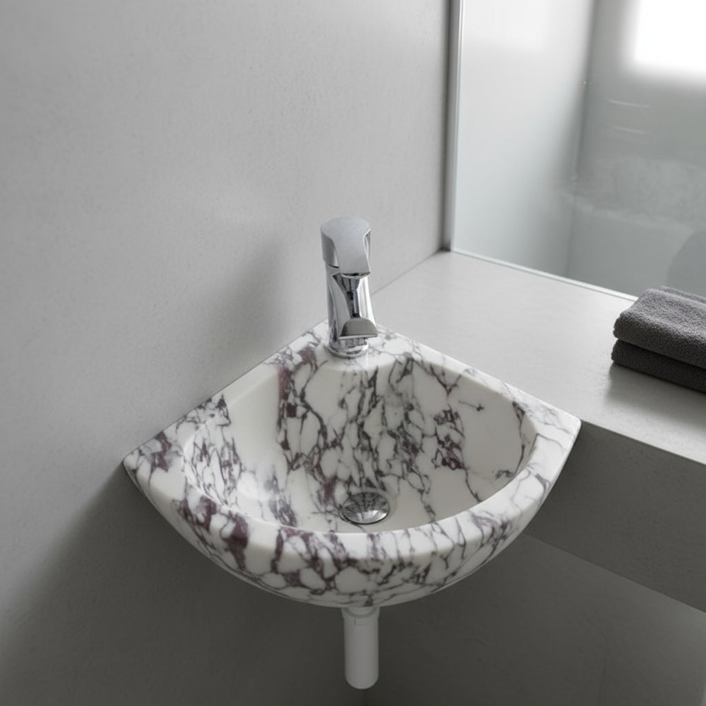 Calacatta Viola Marble Corner Sink | Wall Mount Bathroom Basin | Luxury Small Space Vanity