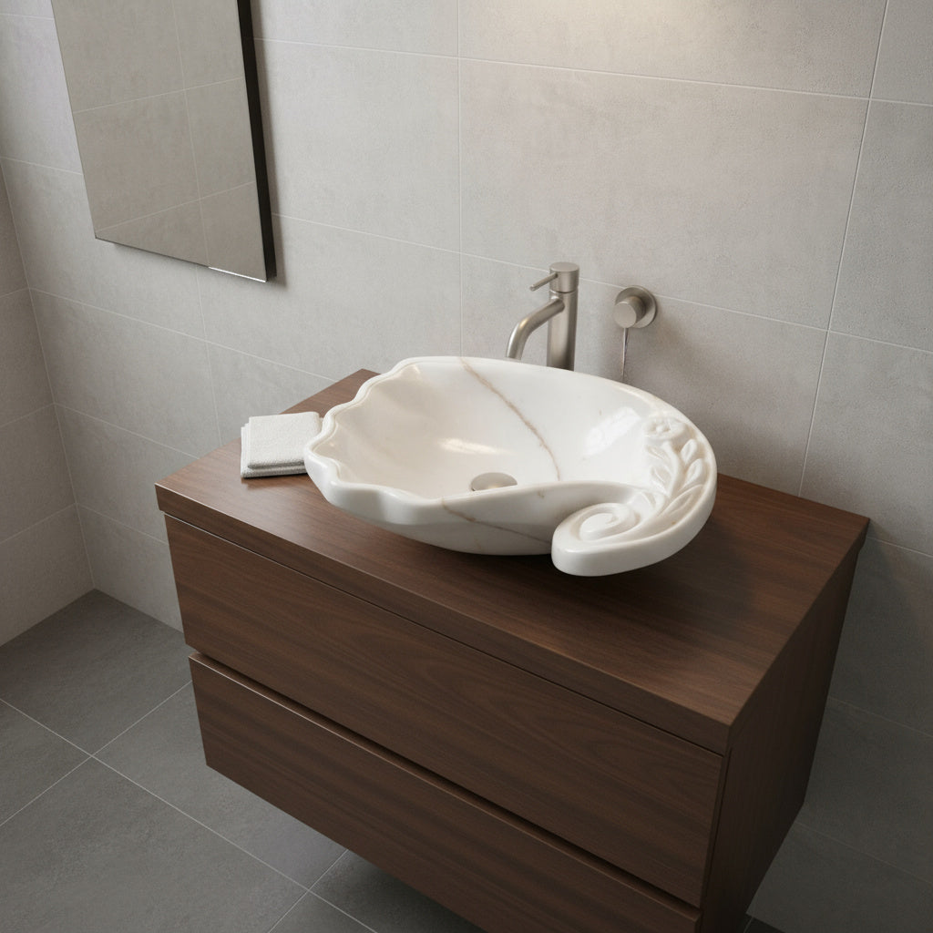 Marble Vessel Sink | Hand-Carved Natural Stone Bathroom Basin  | Luxury Floral Design Vanity