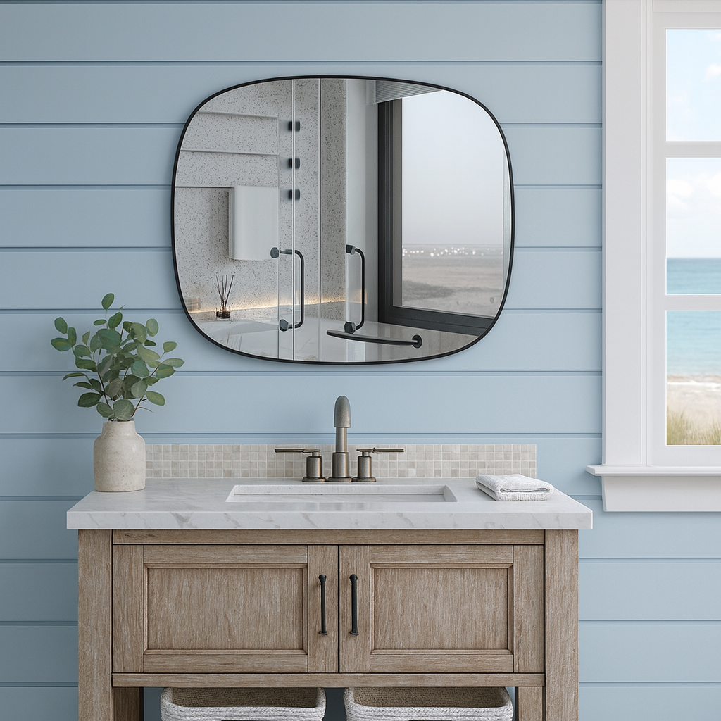 Modern Irregular Wall Mirror – Rounded Rectangle Bathroom Mirror with Black Frame