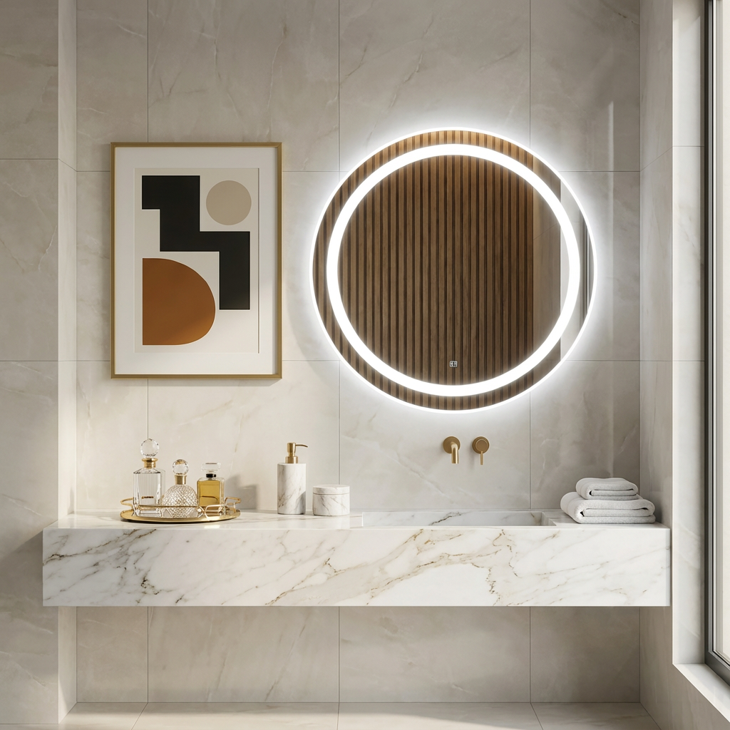 LED Bathroom Mirror – Round Lighted Vanity Mirror with Marble Frame, Modern Backlit Wall Mirror