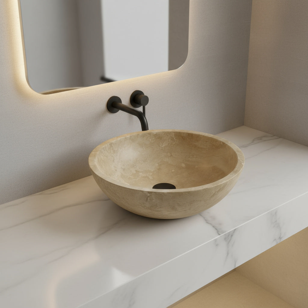 Light Travertine Marble Vessel Sink - Round Stone Bathroom Basin 16x16 | Luxury Natural Sink USA
