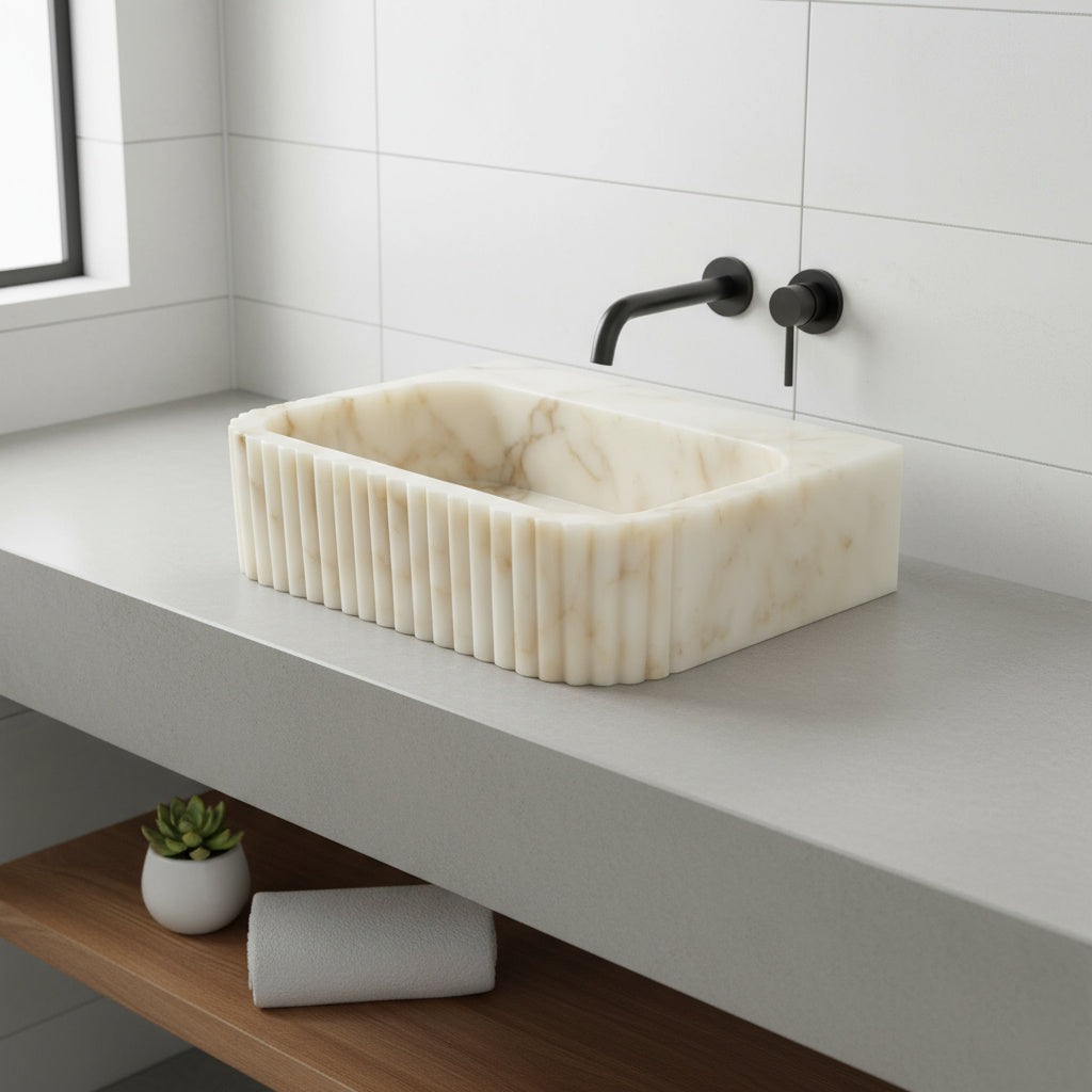 Calacatta Marble Vessel Sink - Luxury Fluted Bathroom Basin 16x20 | Premium Stone Sink USA