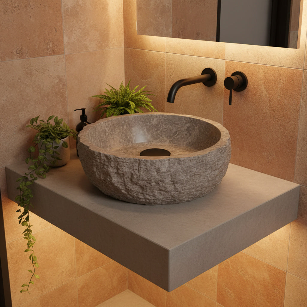 Travertine Vessel Sink | Natural Stone Bathroom Sink | Rustic Hand-Carved Basin