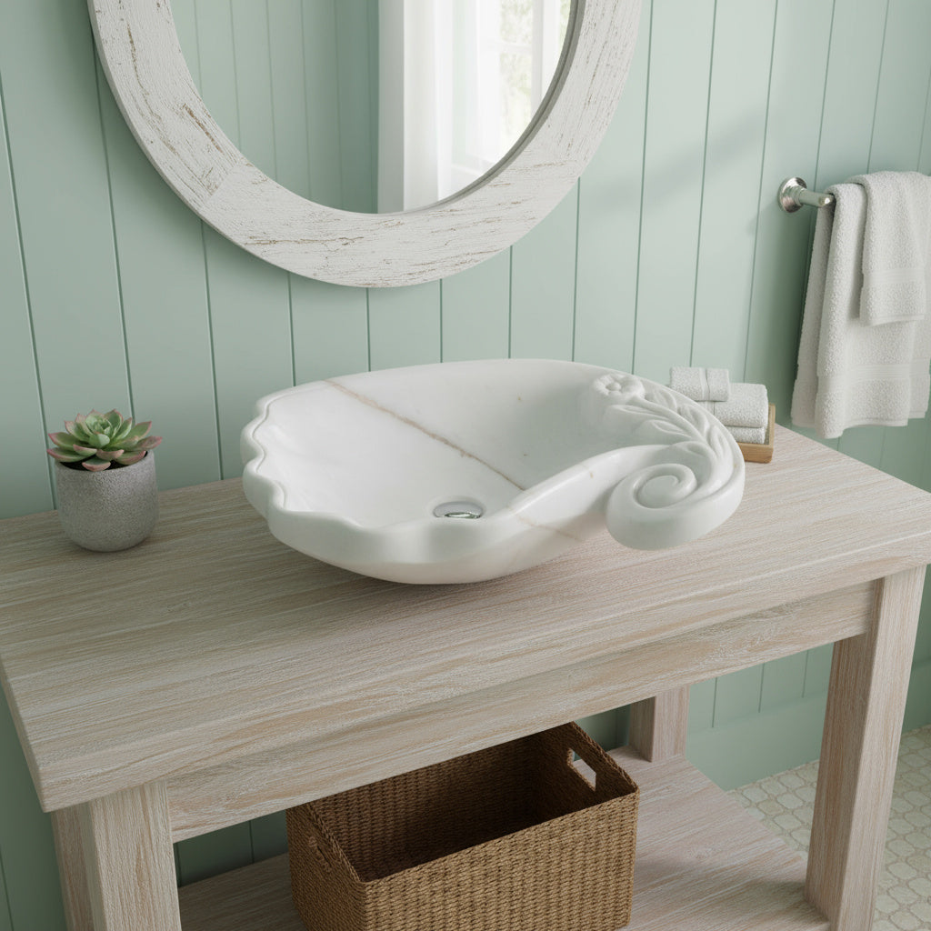 Marble Vessel Sink | Hand-Carved Natural Stone Bathroom Basin  | Luxury Floral Design Vanity
