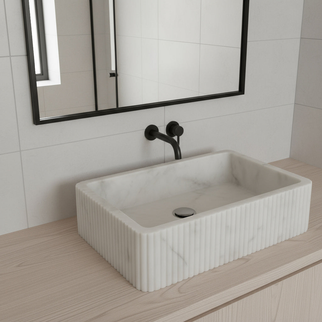 Carrara White Marble Wall Mount Sink | Luxury Bathroom Vanity Basin | Ribbed Textured Stone Sink