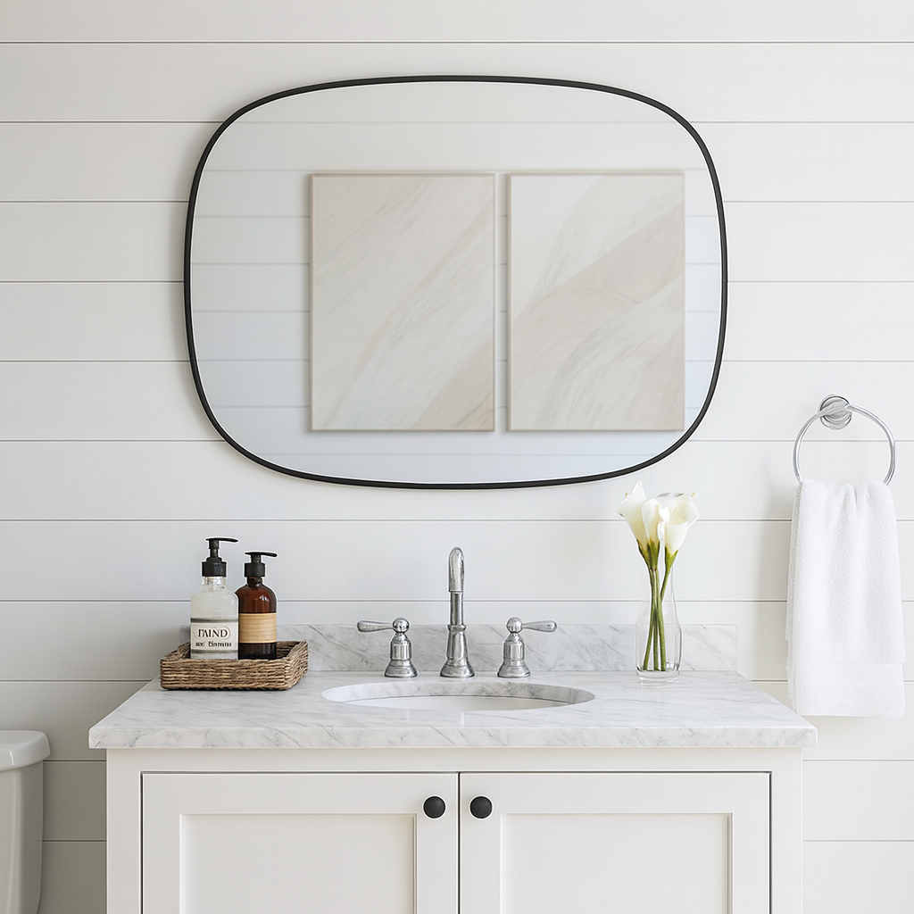 Modern Irregular Wall Mirror – Rounded Rectangle Bathroom Mirror with Black Frame