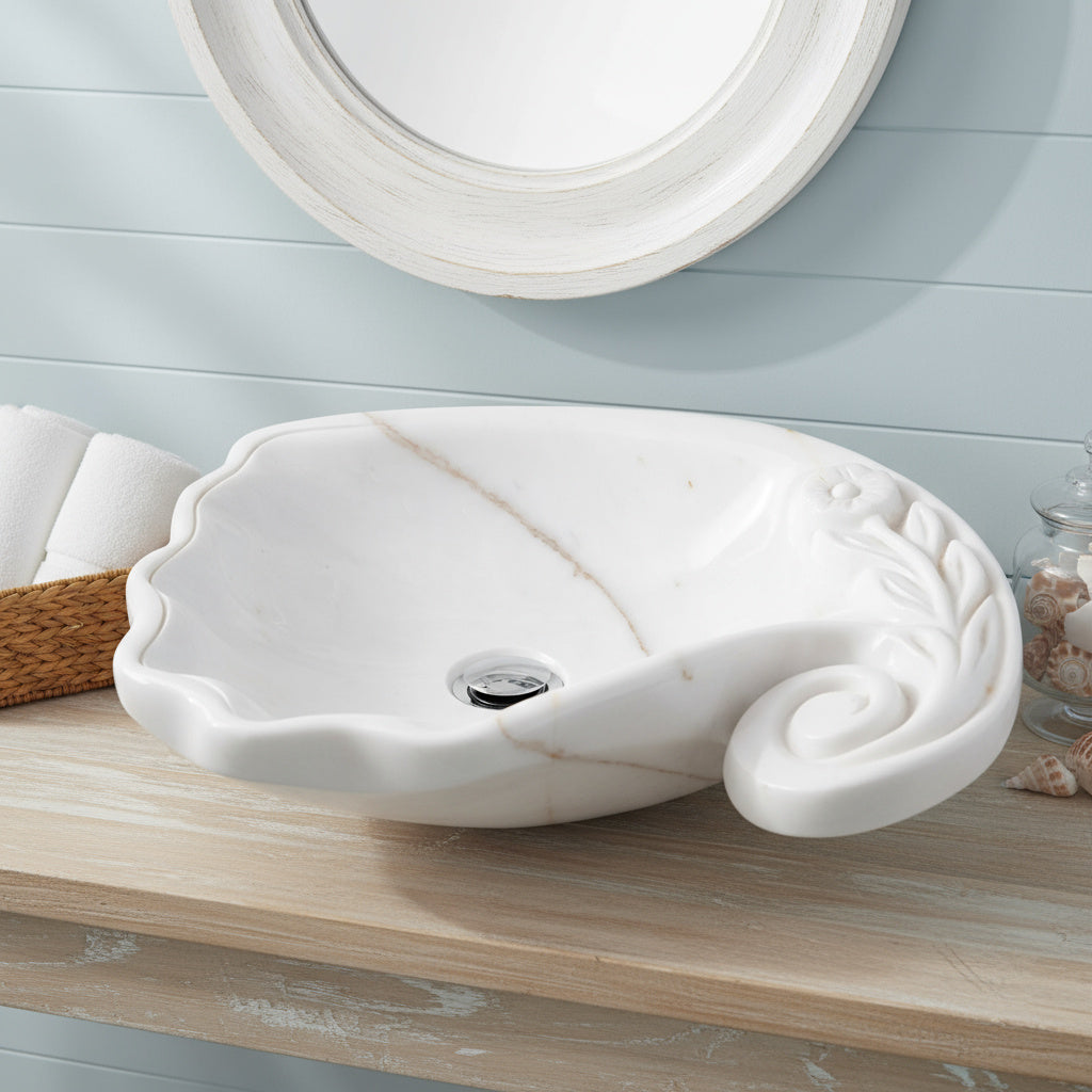 Marble Vessel Sink | Hand-Carved Natural Stone Bathroom Basin  | Luxury Floral Design Vanity