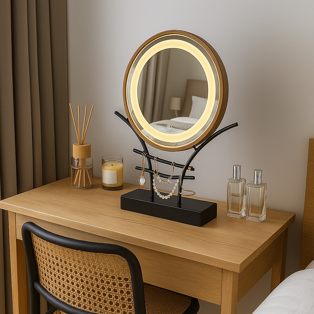 LED Makeup Mirror with Wooden Frame – Dimmable Touch Lighted Vanity Mirror & Jewelry Holder