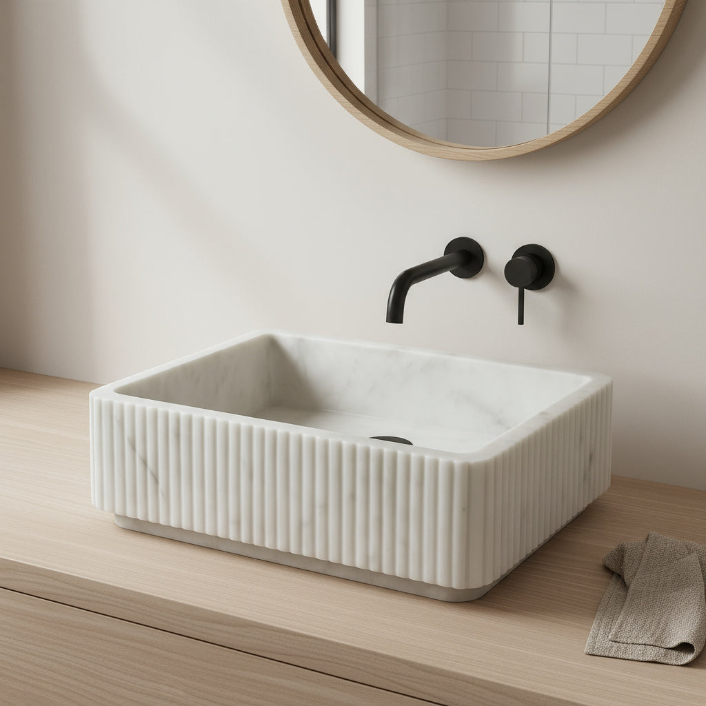 Carrara White Marble Wall Mount Sink | Luxury Bathroom Vanity Basin | Ribbed Textured Stone Sink