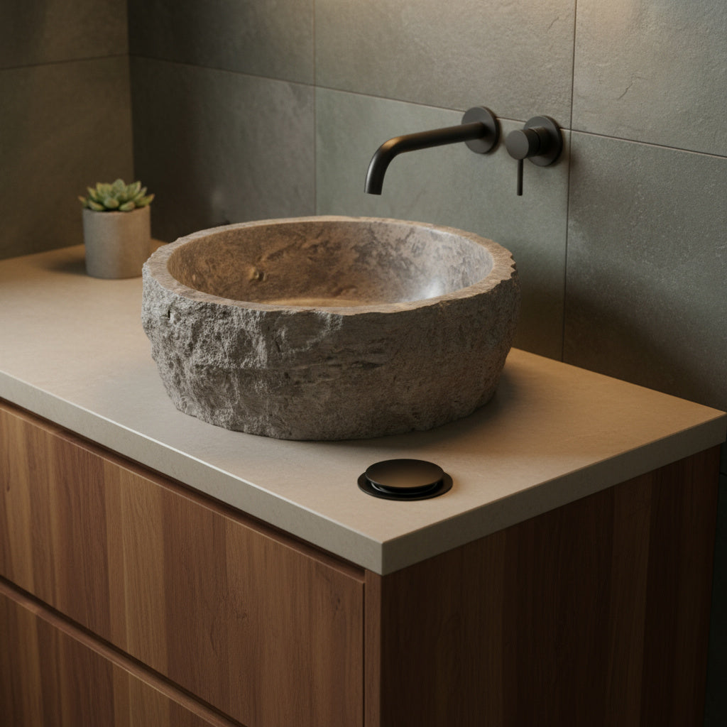 Travertine Vessel Sink | Natural Stone Bathroom Sink | Rustic Hand-Carved Basin
