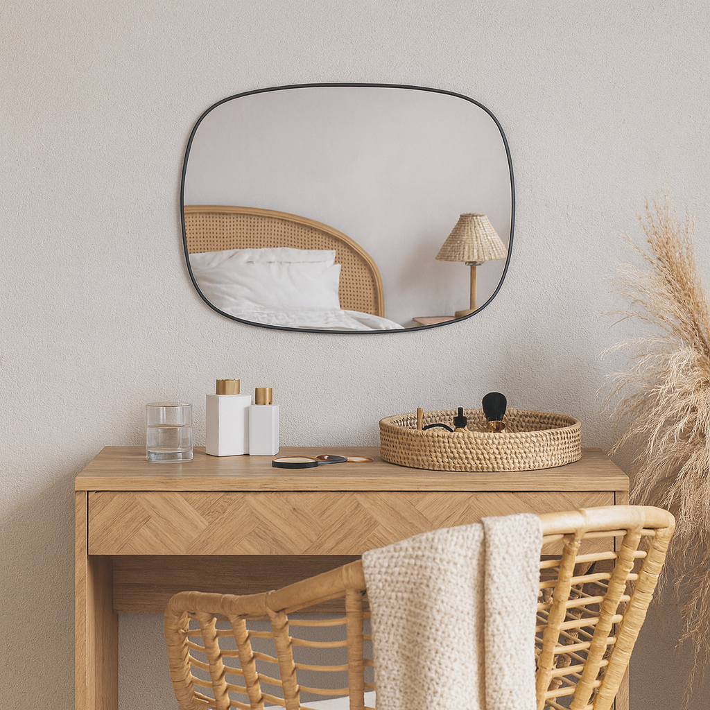 Modern Irregular Wall Mirror – Rounded Rectangle Bathroom Mirror with Black Frame