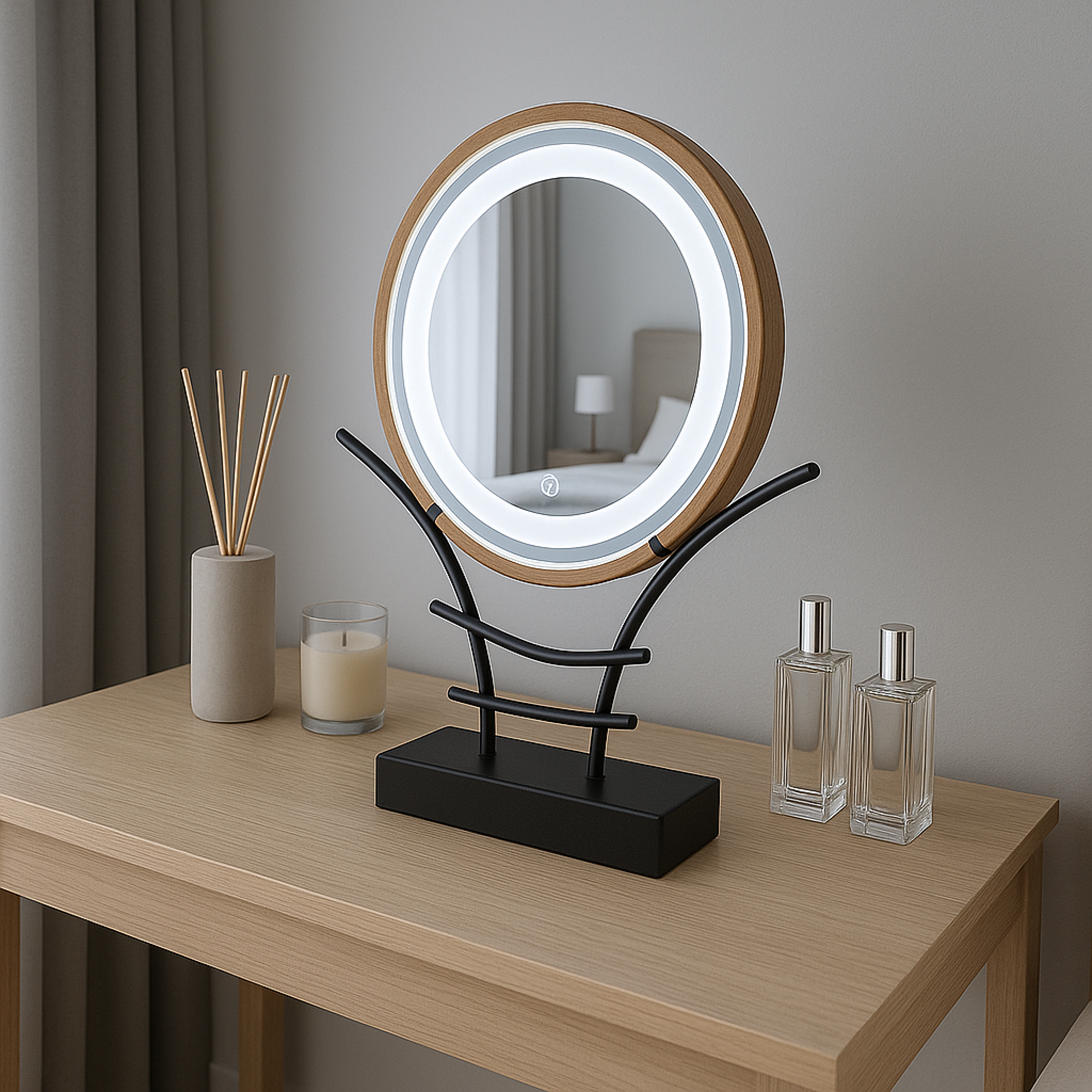 LED Makeup Mirror with Wooden Frame – Dimmable Touch Lighted Vanity Mirror & Jewelry Holder