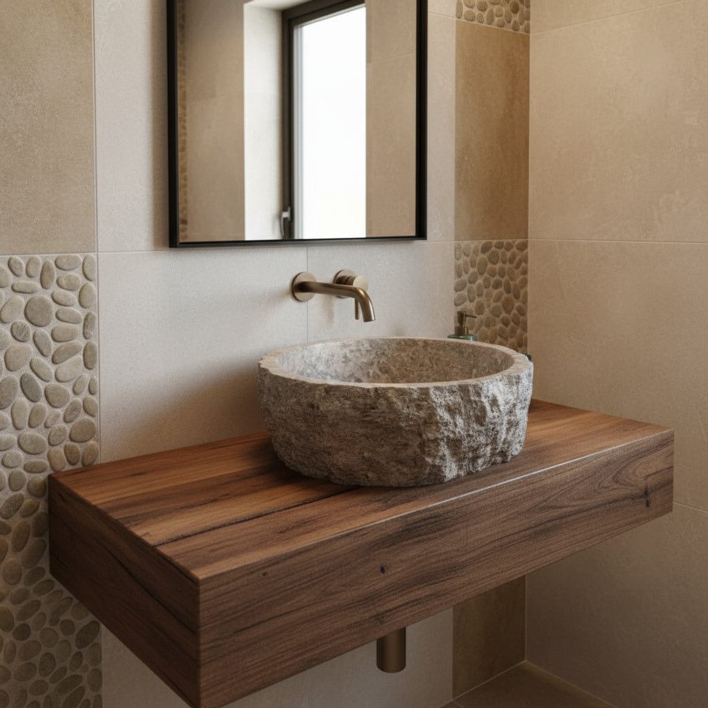 Travertine Vessel Sink | Natural Stone Bathroom Sink | Rustic Hand-Carved Basin