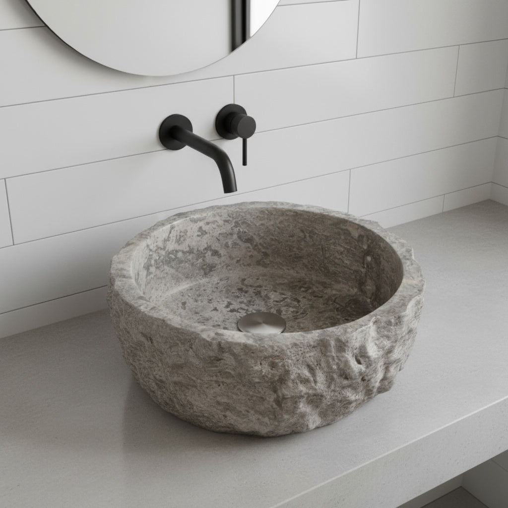 Travertine Vessel Sink | Natural Stone Bathroom Sink | Rustic Hand-Carved Basin