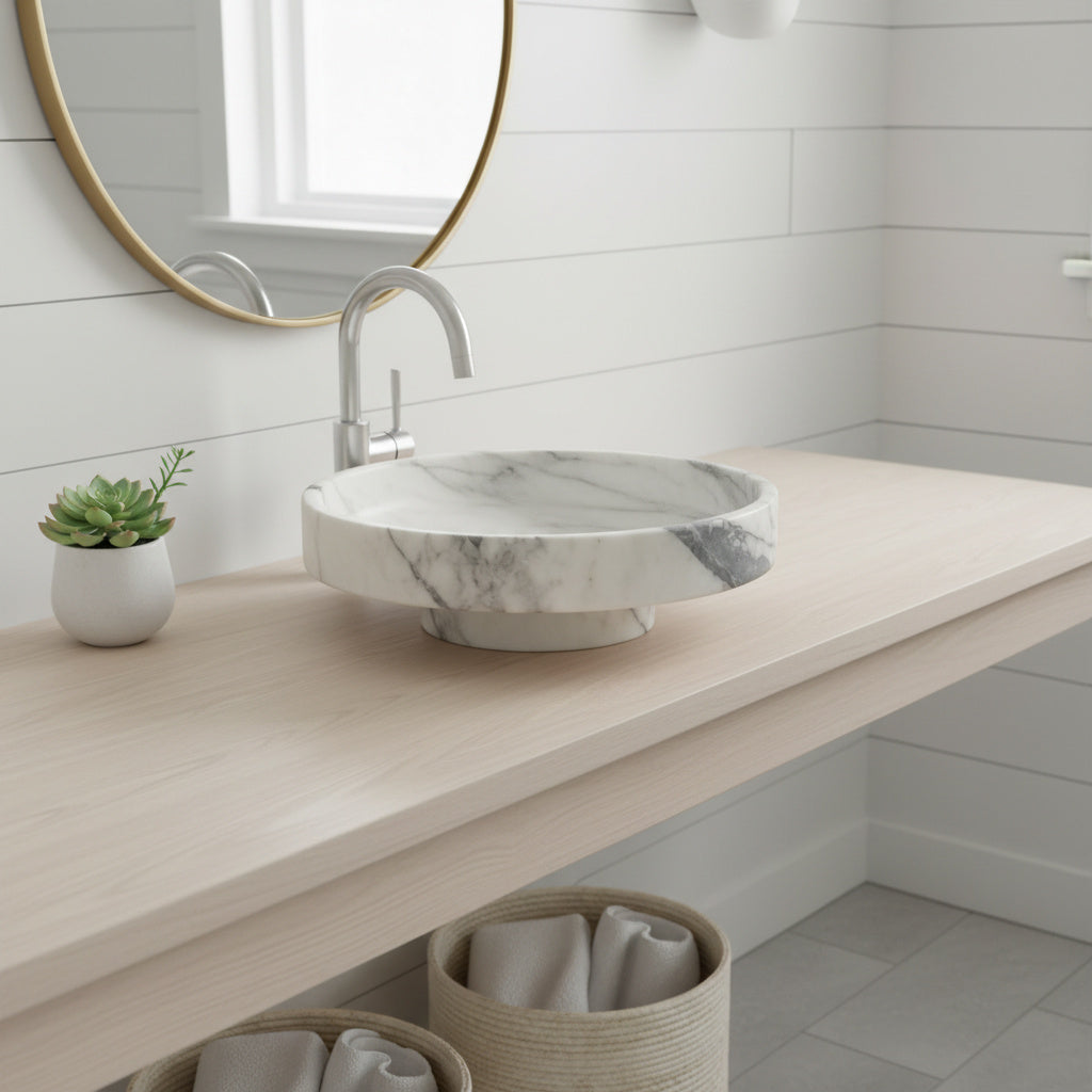 Marble Bathroom Sink – New York Marble Round Vessel Sink Polished | Natural Stone Above Counter Basin