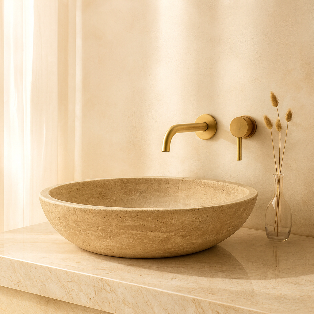 Mocha Travertine Marble Sink | Oval Vessel Basin 14.5x19.5 | Natural Stone Bathroom Sink USA