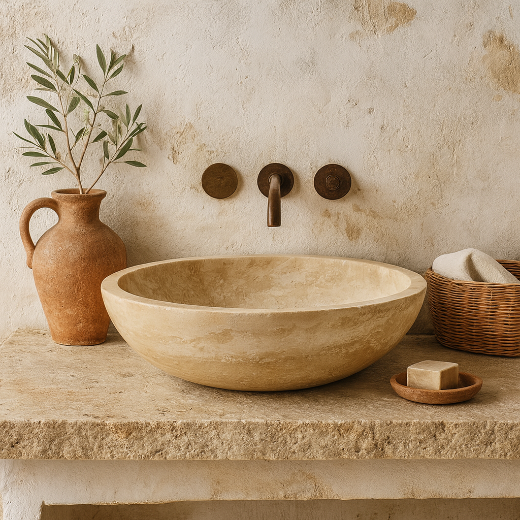 Light Travertine Marble Vessel Sink - Round Stone Bathroom Basin 16x16 | Luxury Natural Sink USA