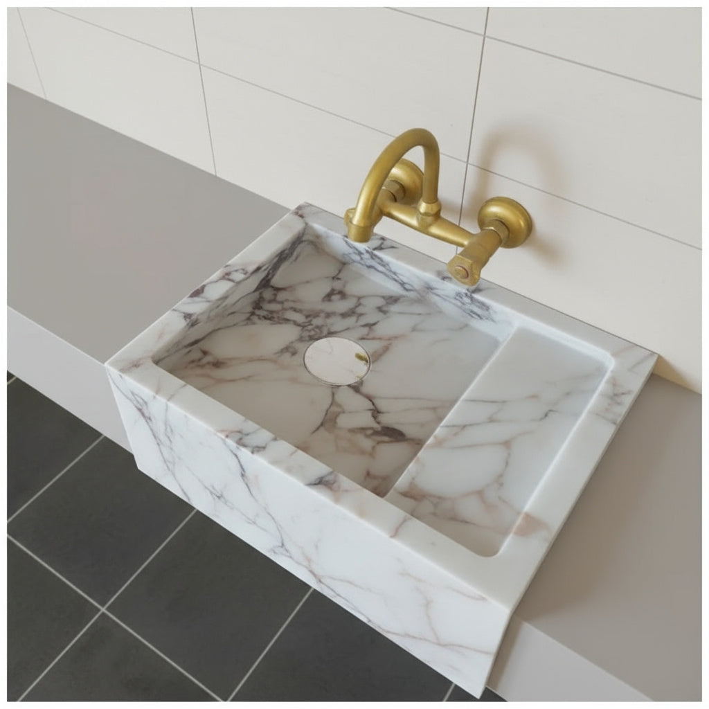 Calacatta Viola Bathroom Sink – Wall-Mount Marble Vanity Sink, Natural Stone Polished Basin