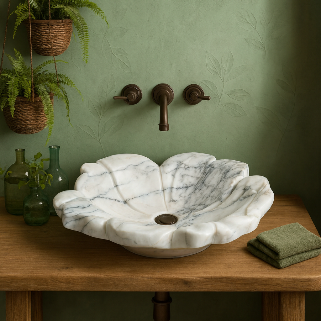 Flower Marble Sink | Hand-Carved Vessel Basin USA | Luxury Natural Stone Bathroom Sink