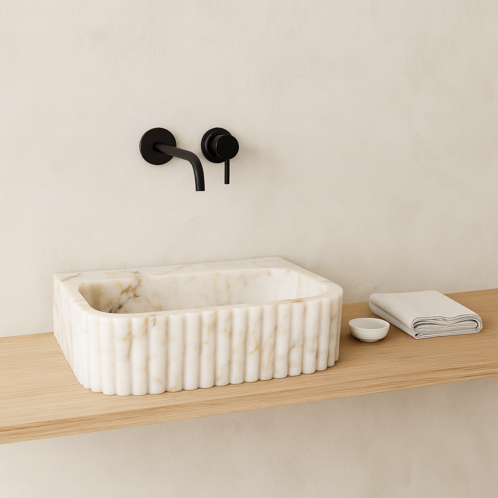 Calacatta Marble Vessel Sink - Luxury Fluted Bathroom Basin 16x20 | Premium Stone Sink USA