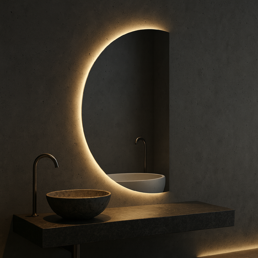 Modern LED Bathroom Mirror – Half Circle Backlit Wall Mirror with Touch Sensor, Designer Lighted Vanity Mirror