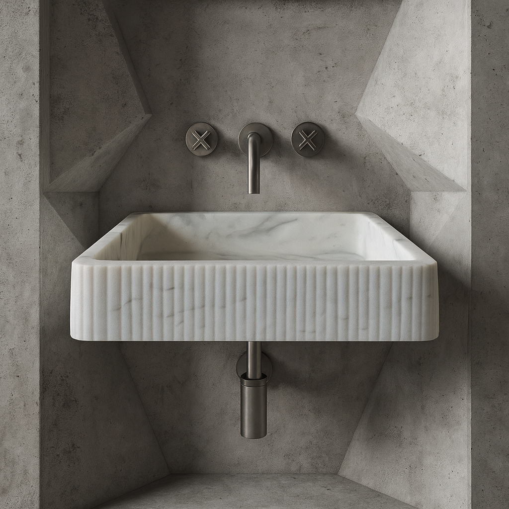 Carrara White Marble Wall Mount Sink | Luxury Bathroom Vanity Basin | Ribbed Textured Stone Sink