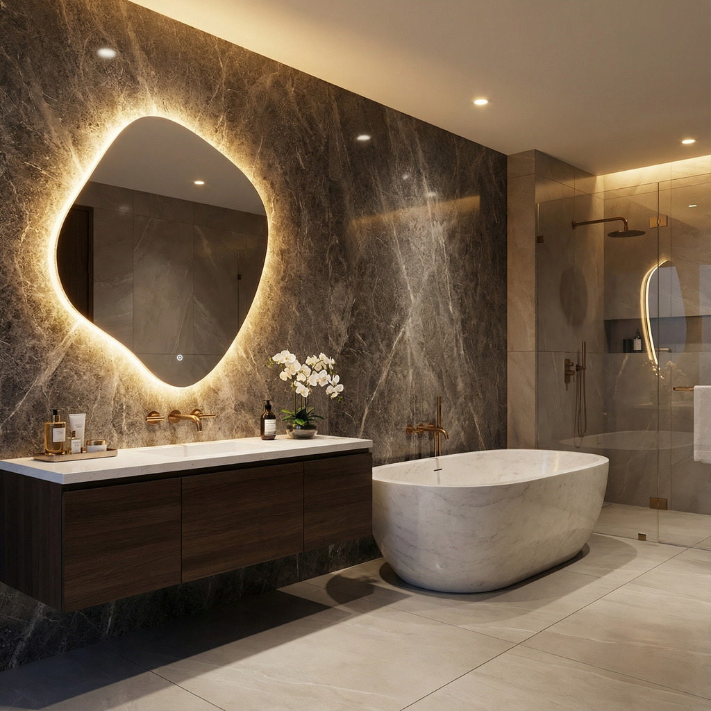 LED Bathroom Mirror – Modern Organic Shaped Lighted Vanity Mirror with Touch Sensor, Handmade Backlit Wall Mirror