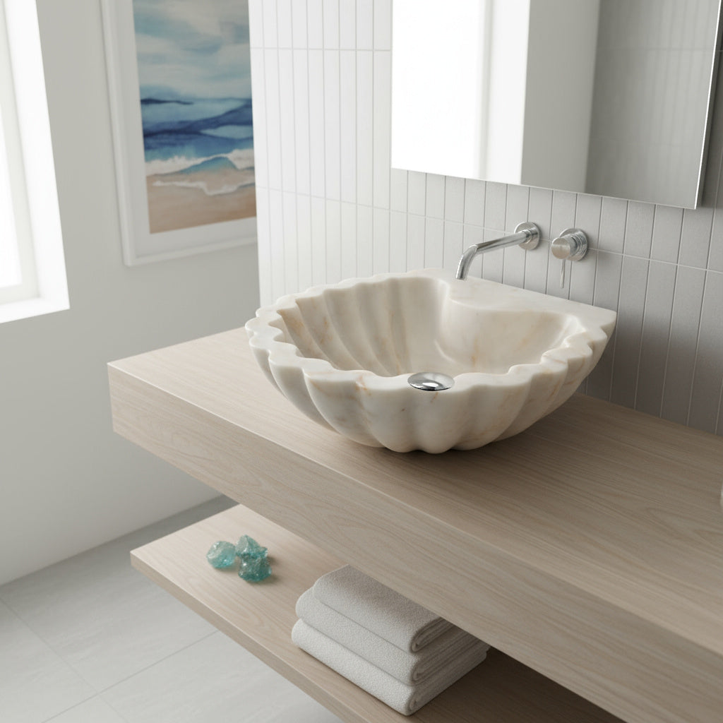 Carrara White Marble Sink | Shell Design Vessel Basin USA | Luxury Natural Stone Bathroom Sink