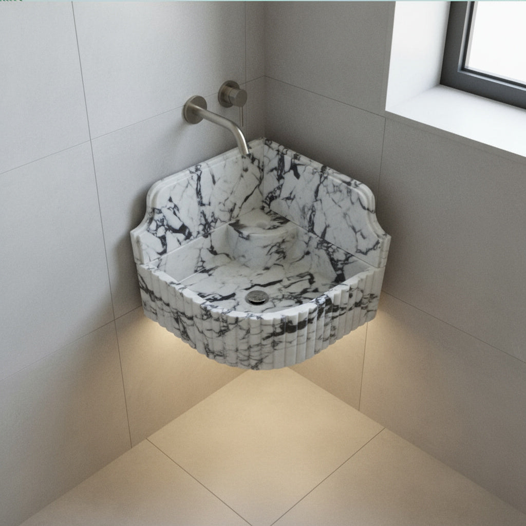 Marble Sink – Calacatta Viola Corner Wall-Mount Bathroom Sink with Fluted Design & 8" Backsplash | Luxury Natural Stone Basin 16"x16"x8"