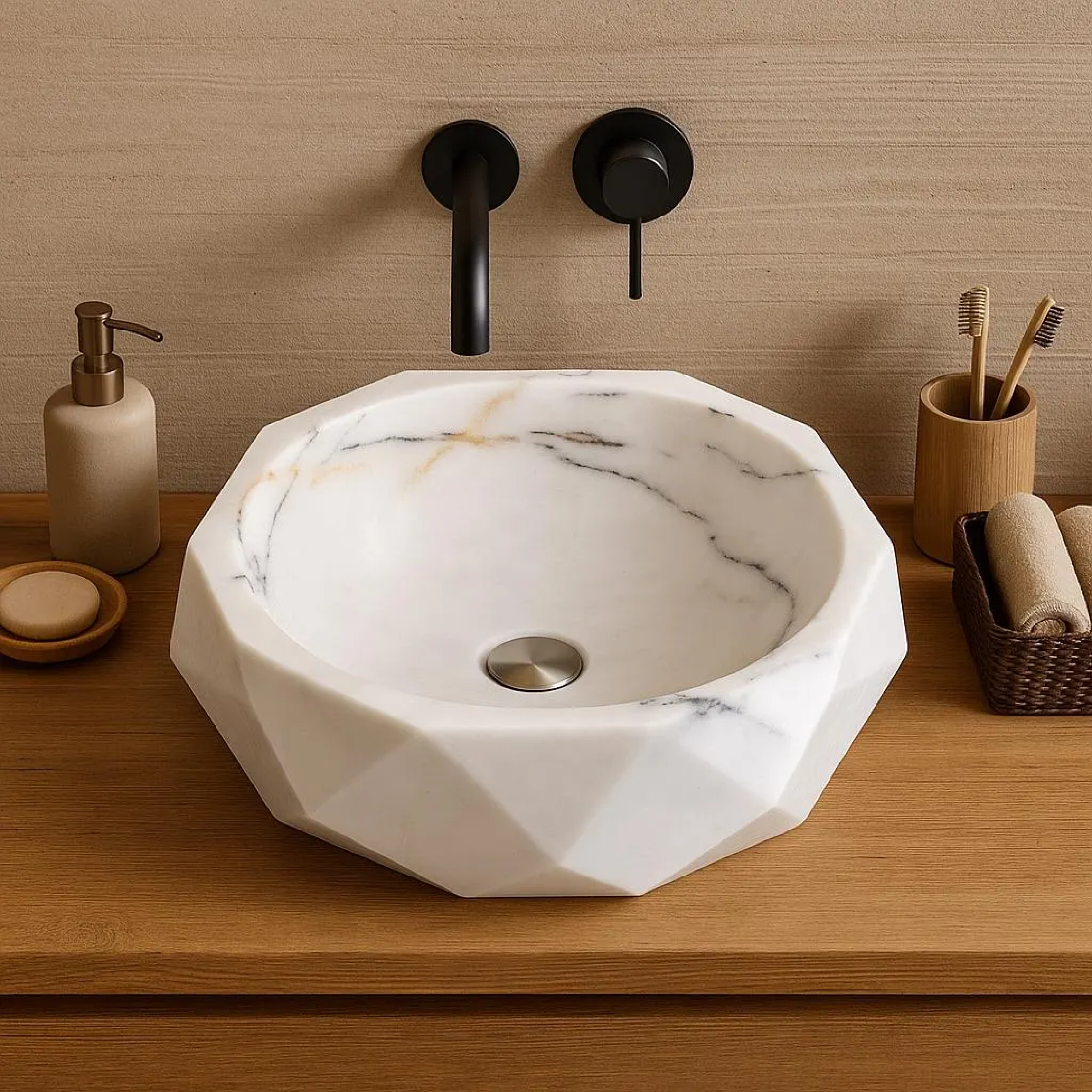 Modern Marble Vessel Sink | Geometric Bathroom Basin 16.5x16.5 USA | Luxury White Stone Sink