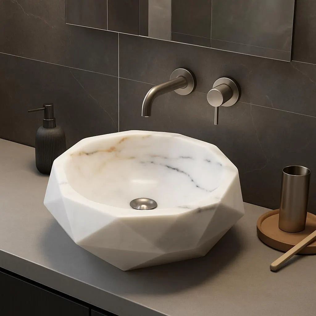 Modern Marble Vessel Sink | Geometric Bathroom Basin 16.5x16.5 USA | Luxury White Stone Sink