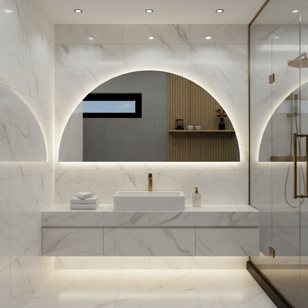 LED Bathroom Mirror with Backlight – Half Arch Modern Vanity Mirror, Dimmable Wall Mirror with Warm & Cold Light