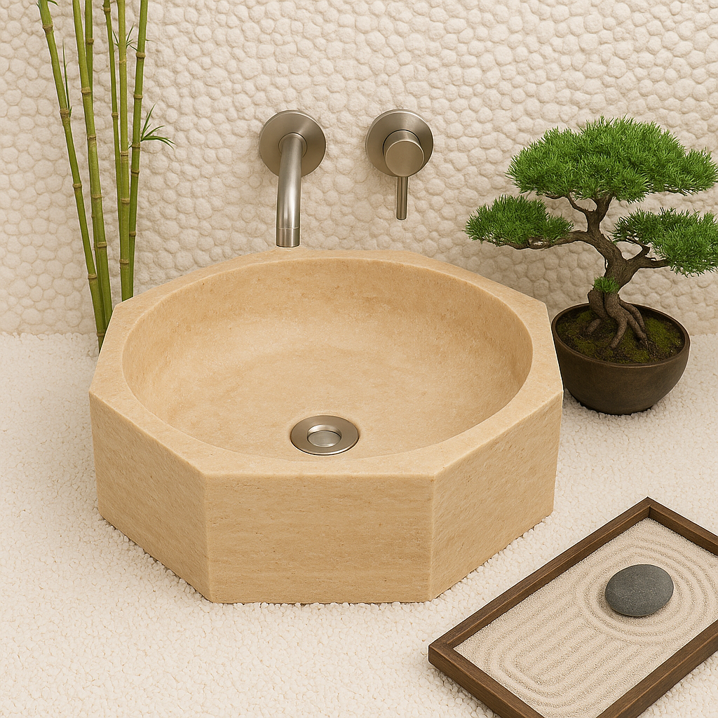 Travertine Vessel Sink | Octagon Natural Stone Bathroom Basin | Luxury Beige Marble Sink