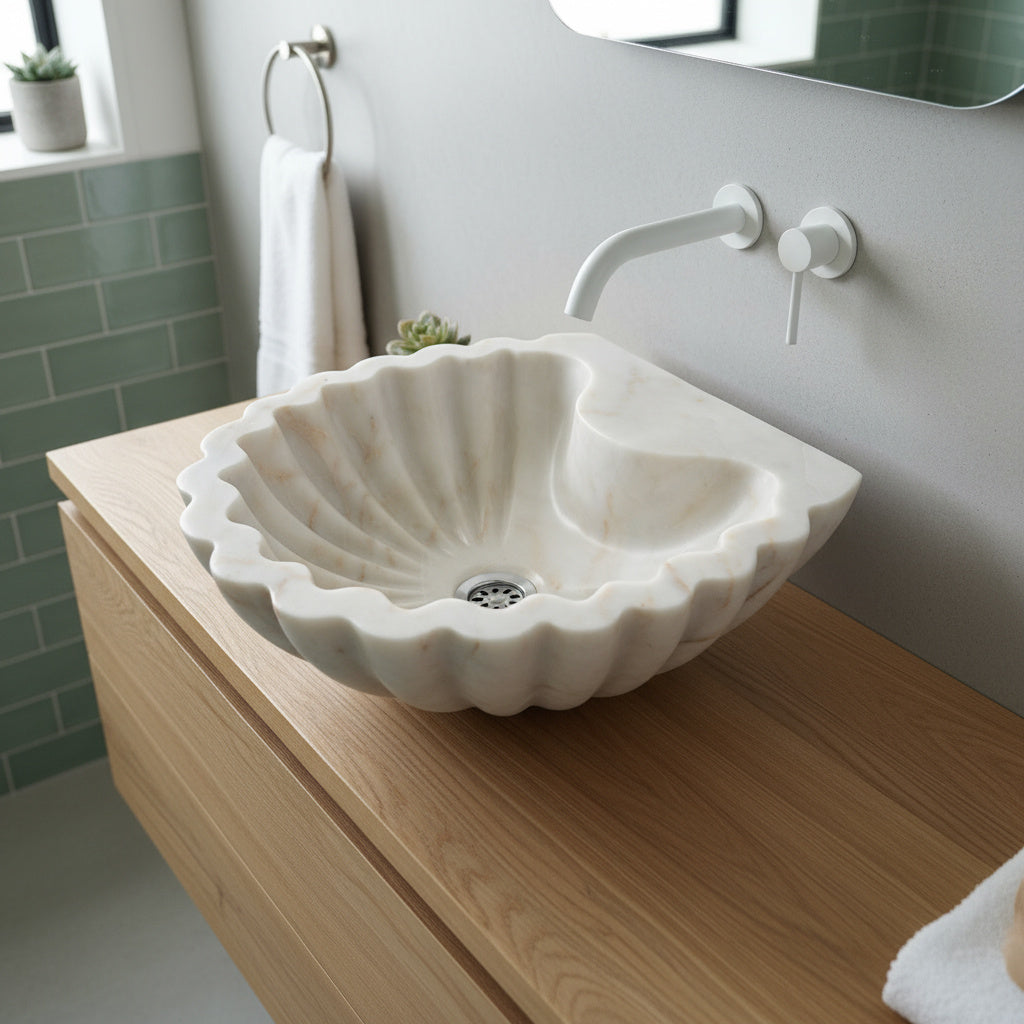 Carrara White Marble Sink | Shell Design Vessel Basin USA | Luxury Natural Stone Bathroom Sink