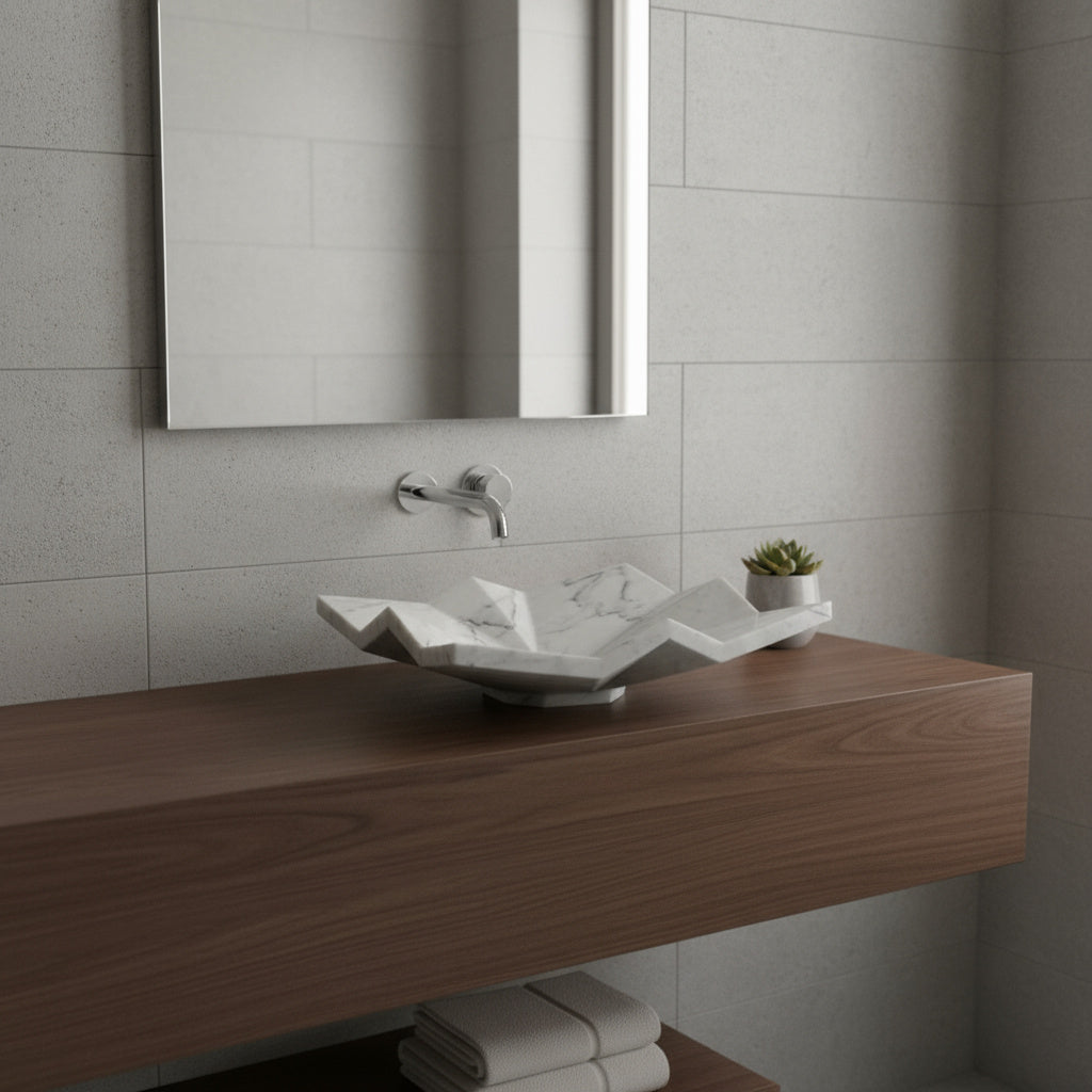Luxury Marble Vessel Sink – Modern Geometric Stone Bathroom Basin, Hand-Carved Vanity Bowl 21.6"x17.7"x5.5" (55x45x14 cm)