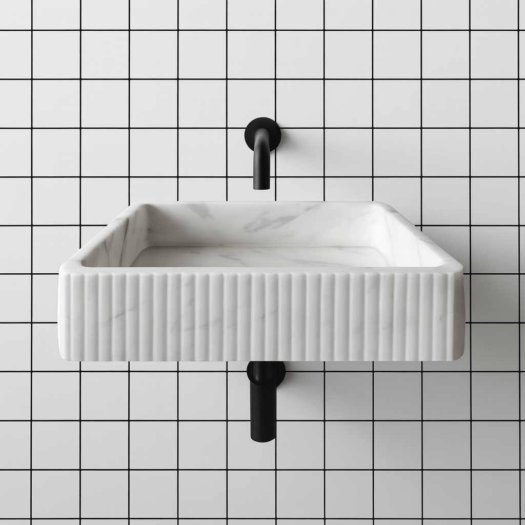 Carrara White Marble Wall Mount Sink | Luxury Bathroom Vanity Basin | Ribbed Textured Stone Sink