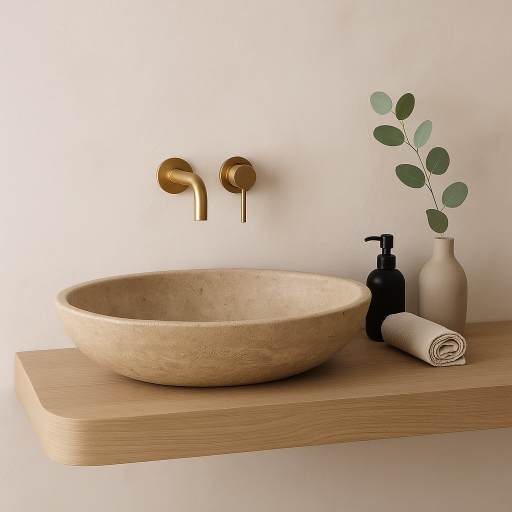 Mocha Travertine Marble Sink | Oval Vessel Basin 14.5x19.5 | Natural Stone Bathroom Sink USA
