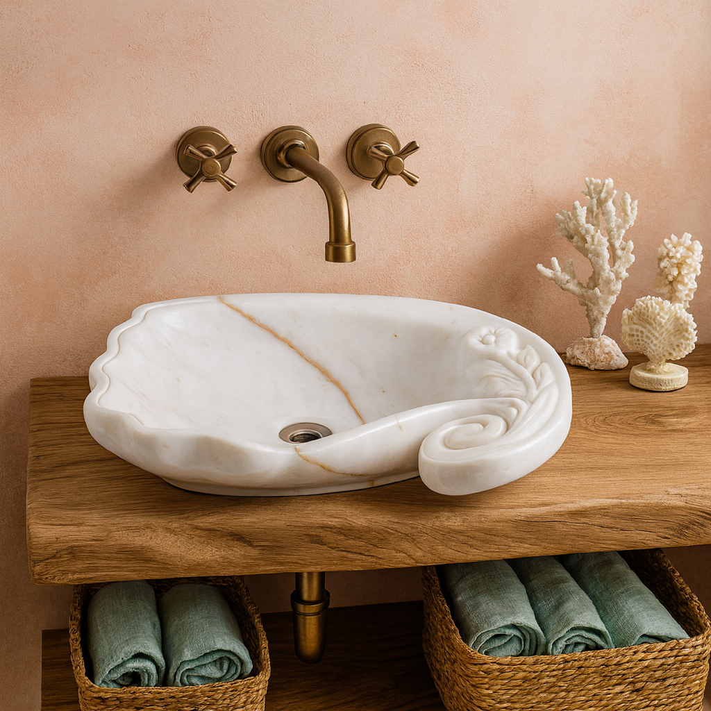Marble Vessel Sink | Hand-Carved Natural Stone Bathroom Basin  | Luxury Floral Design Vanity