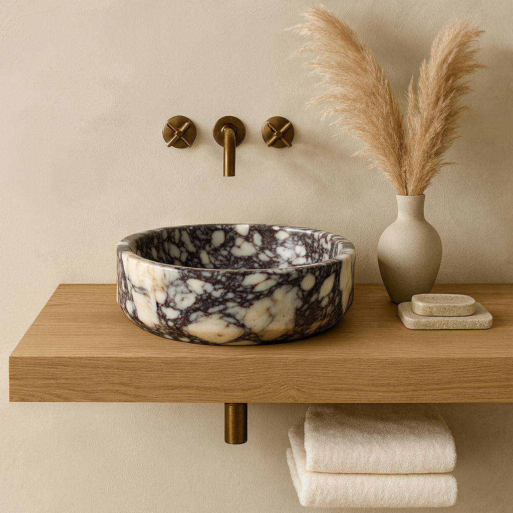 Calacatta Viola Marble Sink | Luxury Round Vessel Basin 16x16 | Natural Stone Bathroom Sink USA