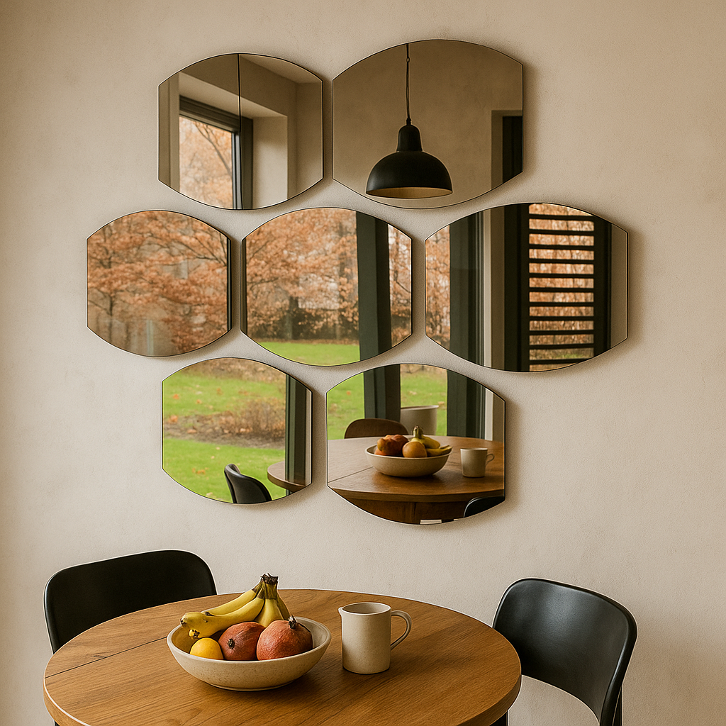 Modern Geometric Wall Mirror Set of 7 – 3D Honeycomb Mirror Wall Art, Decorative Irregular Mirrors for Living Room & Entryway