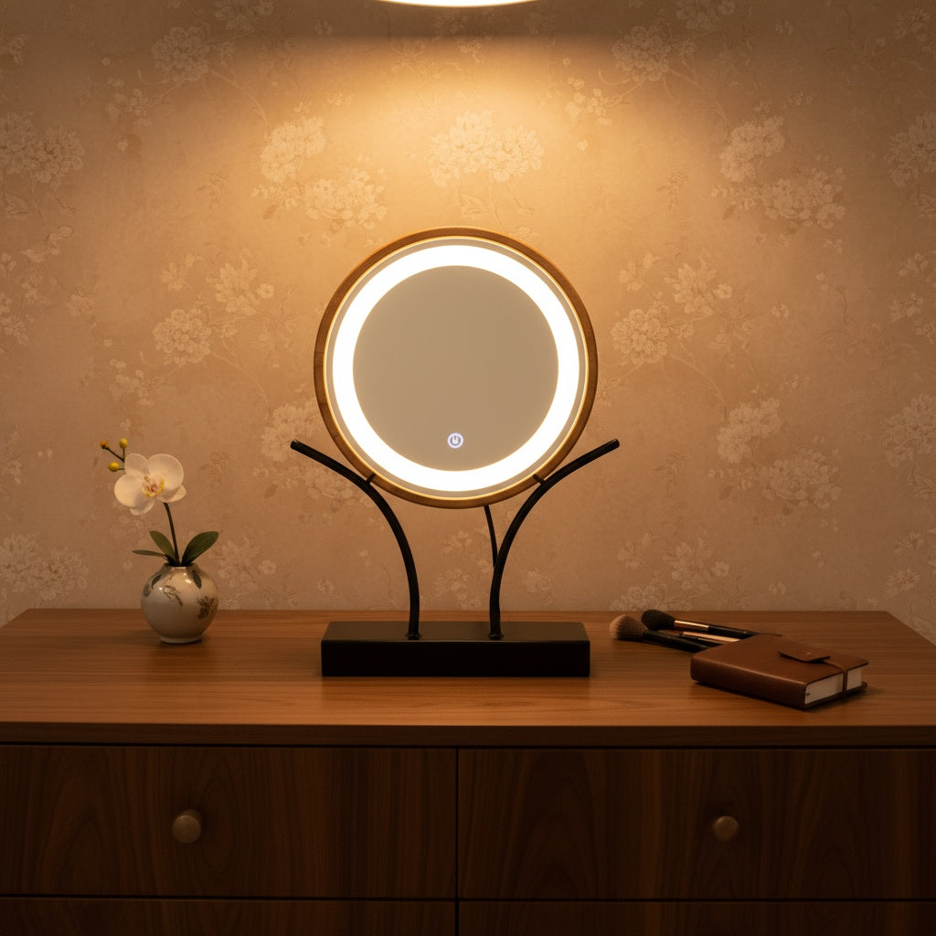 LED Makeup Mirror with Wooden Frame – Dimmable Touch Lighted Vanity Mirror & Jewelry Holder